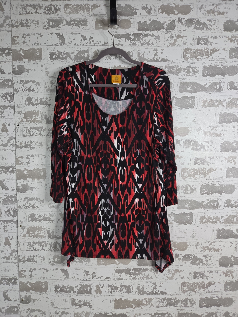 Ruby Rd Womens Boho Tribal Ikat Print Tunic Shirt 3/4 Sleeve Red Black Sz L Knit